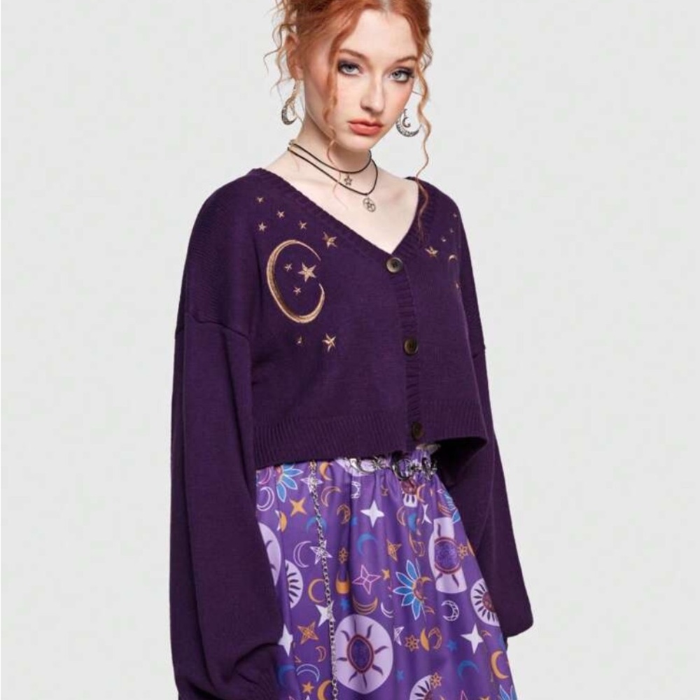 ROMWE Purple Cardigan with Star and Moon Embroidery - Picture 5 of 16